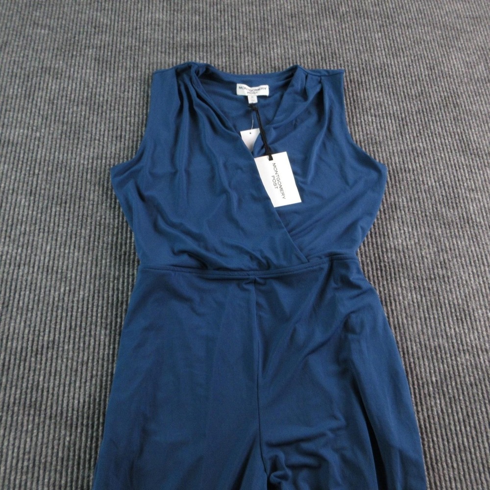 Montgomery Post Jumpsuit Womens M Petite Blue Belted Pleated V-Neck Wide Leg NWT - Picture 6 of 16